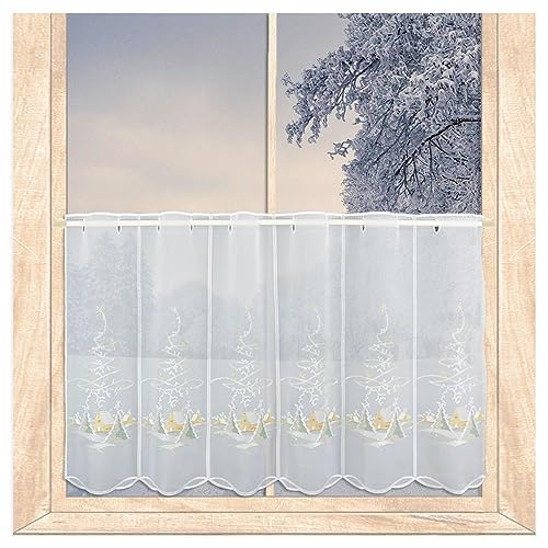 atelier alles-Spitze Hochwertige halbtransparente Winter-Scheibengardine Kleines Haus im Schnee | In weiß, beige, grün und Gold bestickte Kurzgardine | Höhe x Breite: 55 x 80 cm atelier alles-Spitze Hochwertige halbtransparente Winter-Scheibengardine Kleines Haus im Schnee | In weiß, beige, grün und Gold bestickte Kurzgardine | Höhe x Breite: 55 x 80 cm von atelier alles-Spitze