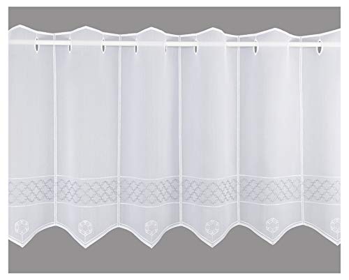 atelier alles-Spitze Moderne Scheibengardine Tammy mit Wabenmuster-Stickerei in weiß-dunkelgrau | Halbtransparente Kurzgardine mit attraktiver Stickerei | Höhe x Breite: 45 x 144 cm von atelier alles-Spitze