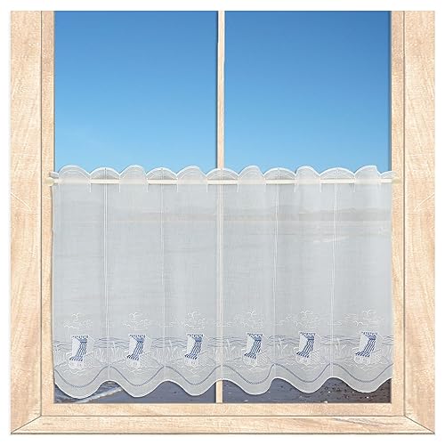 atelier alles-Spitze Scheibengardine Am Meer | Maritim in blau-weiß bestickte Kurzgardine | Ideal als Badgardine geeignet| Höhe x Breite: 45 x 64 cm von atelier alles-Spitze