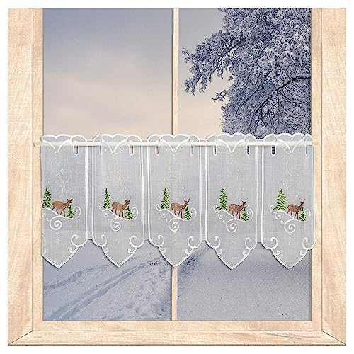 atelier alles-Spitze Stickerei-Scheibengardine Winterhirsch | Hochwertige Kurzgardine, Bestickt mit winterlichem Waldmotiv in Weiß, Gold, Braun und Grün | Höhe x Breite: 30 x 80 cm atelier alles-Spitze Stickerei-Scheibengardine Winterhirsch | Hochwertige Kurzgardine, Bestickt mit winterlichem Waldmotiv in Weiß, Gold, Braun und Grün | Höhe x Breite: 30 x 80 cm von atelier alles-Spitze