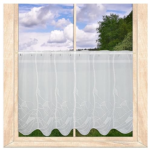 atelier alles-Spitze Weiße halbtransparente Scheibengardine Kathleen | Modern bestickte Kurzgardine mit edler Vogtländischer Fantasie-Stickerei | Höhe x Breite: 55 x 80 cm von atelier alles-Spitze