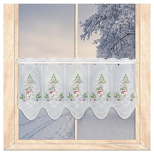 atelier alles-Spitze Winter-Scheibengardine Kleiner Schneemann mit Tannenbaum | Zauberhaft bestickte halbtransparente Kurzgardine | Höhe x Breite: 35 x 64 cm von atelier alles-Spitze