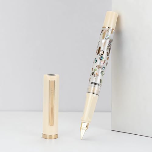 JinHao 58 Füllfederhalter aus Kunstharz, Iridium, feine Feder, natürliche Muschel-Gravur, konsistenter Schreibstift mit Tintenkonverter (Elfenbeinweiß) von atokiss