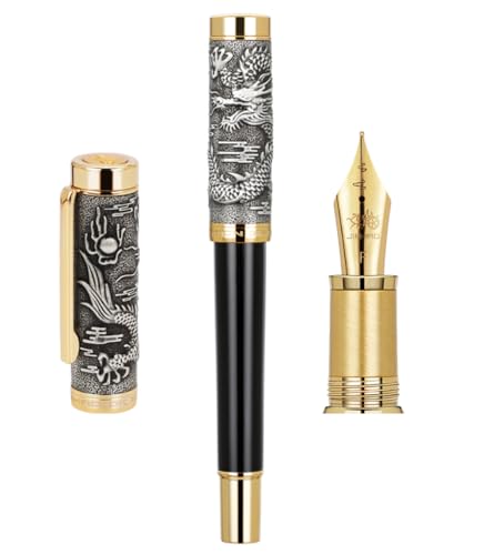 Jinhao Füllfederhalter, Herzschlag, feine Spitze, antikes Silber und goldener Rand, Drache, stereoskopisches Schnitzkappen-Design, mit Geschenkbox von atokiss