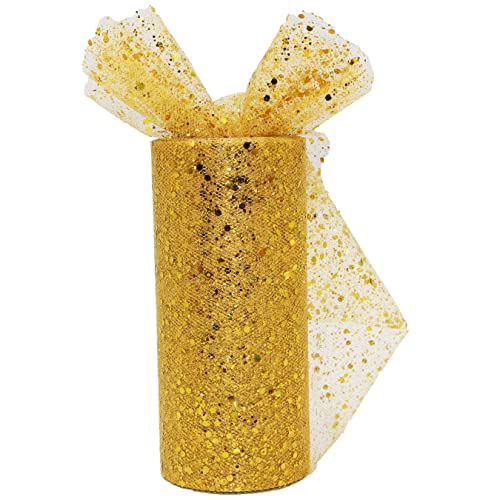 Glitzertüll Pailletten Tüll Stoff 15CM x 25 Yards Tüllband Dekostoff Tüll Rolle für Hochzeit Geburtstag Partyzubehör Bankett Deko Handwerk Rock Schleife Geschenkverpackung Floristik (Gold) von aufodara