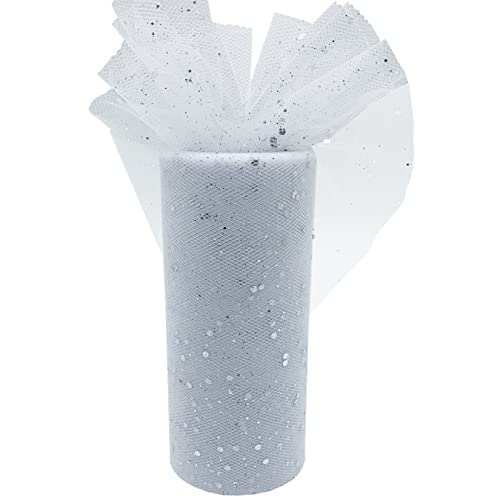 Glitzertüll Pailletten Tüll Stoff 15CM x 25 Yards Tüllband Dekostoff Tüll Rolle für Hochzeit Geburtstag Partyzubehör Bankett Deko Handwerk Rock Schleife Geschenkverpackung Floristik (Weiß) von aufodara