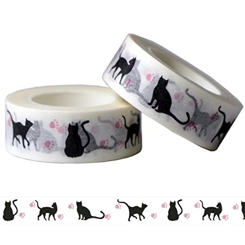 aufodara 2 Rollen 10m x 15mm Washi Tape Schwarz Nett Motives Pink Pfotenabdruck Dekoration Masking Tape Dekorative Papier Klebeband DIY Scrapbooking Basteln (Katze) von aufodara