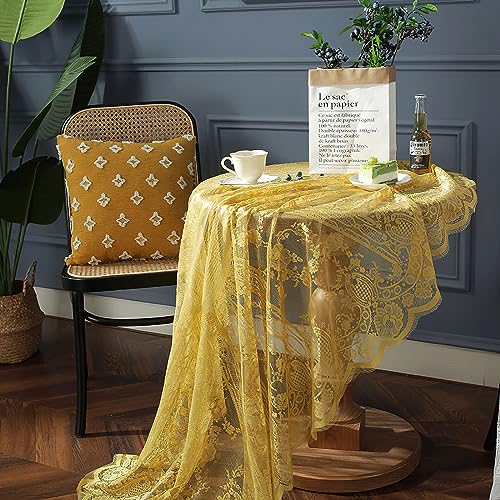 Gelb Spitze Tischdecke Runde, Vintage floral bestickte Tischdecke, Elegantes Chic Overlay Tischtuch für Hochzeit Bankett Party Esstisch Dekor, Rund 150cm/60inch Gelb Spitze Tischdecke Runde, Vintage floral bestickte Tischdecke, Elegantes Chic Overlay Tischtuch für Hochzeit Bankett Party Esstisch Dekor, Rund 150cm/60inch von auons