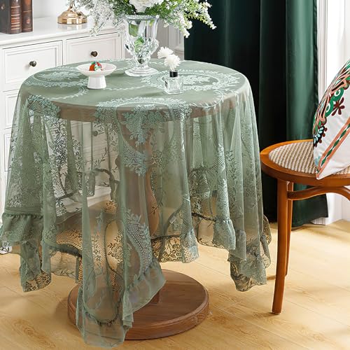 Spitze Quadratisch Tischdecke mit floralem Muster, Grün Vintage Overlay Rüschen Tischtuch, französische rustikale bestickte Tischdecke für Hochzeit Party Bankett Empfang, 140x140cm von auons