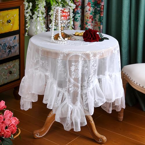 Vintage Weiße Spitze Tischdecke Blumen Bestickte Rüschen Quadratisch Tischtuch, französische rustikale Häkeltischdecke für Hochzeit Party Bankett Dekoration, 110x110cm von auons