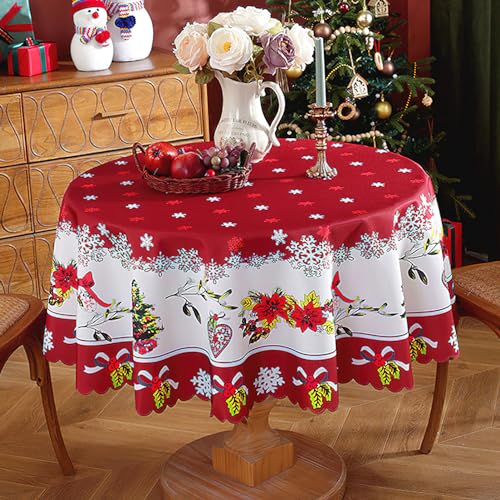 Weihnachtstischdecke Rund, Schneeflocke Rot Abwaschbare Tischdecken Tischtuch Weihnachtsdekorationen, wasserdichte Chrismtas Wachstuchtischdecke, 150cm von auons