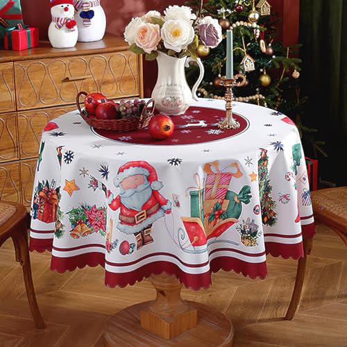 Weihnachtstischdecke Rund, Schneeflocke Weihnachtsmann Weiß Abwaschbare Tischdecken Tischtuch Weihnachtsdekorationen, wasserdichte Chrismtas Wachstuchtischdecke, 150cm von auons
