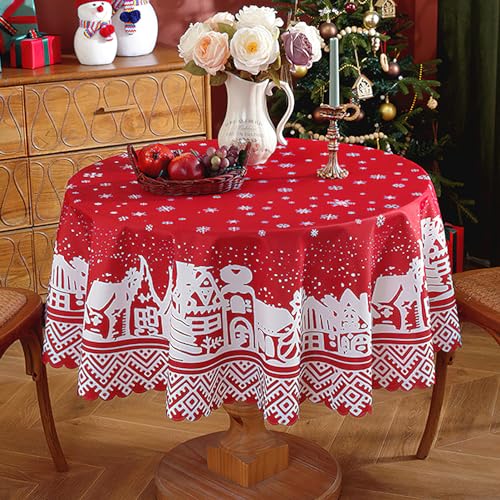 Weihnachtstischdecke Rund, Winter Schneeflocke Rot Abwaschbare Tischdecken Tischtuch Weihnachtsdekorationen, wasserdichte Chrismtas Wachstuchtischdecke, 150cm von auons