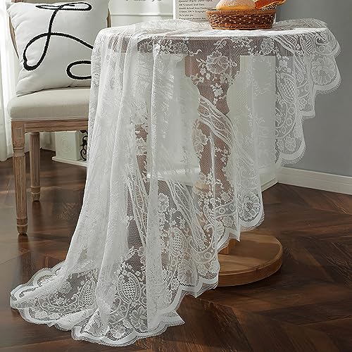 Weiße Spitze Tischdecke Runde, Vintage floral bestickte Tischdecke, Elegantes Chic Overlay Tischtuch für Hochzeit Bankett Party Esstisch Dekor, Rund 150cm/60inch von auons