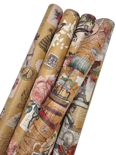 Premium Romantik Geschenkpapier Paris Retro Ökologisches Recycling Papier 5 Rollen a` 2m x 70cm Natur Geschenkverpackung für Geburtstag Hochzeit Valentinstag Kraftpapier (Romantic Paris) von autooptimierer.de