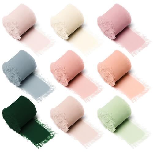 awagas 9 Rollen Chiffonband, 4 x 45m Geschenkband Chiffon Stoff Seidenband Ausfransen Kanten Ribbon Chiffon Geschenkband Breit für Hochzeit Geschenkverpackungen Schleifenherstellung Dekoration DIY von awagas