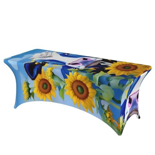 axzttupy Elegante rechteckige Tischdecke mit Kuh mit Sonnenblumen in Blau, für große, rechteckige, ovale Tische, einfache Installation von axzttupy