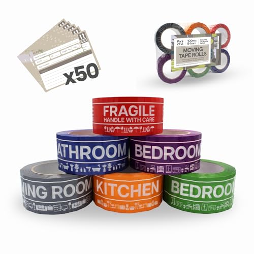 Ayurvana Umzugsset mit 6 Klebebändern (100 m x 54 mm) in Farben + 50 Etiketten – Extra starkes Paketklebeband für Umzugskartons, Organisation, Lager, Büro & eCommerce von ayurvana