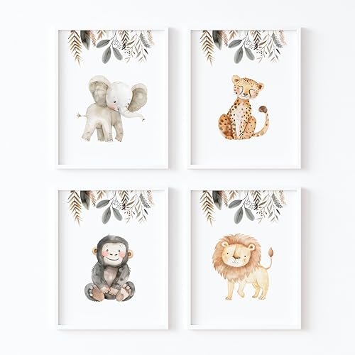 ayurvana Dekorative Kindertafeln Safari - Bilder Kinderzimmer ohne Rahmen Baby oder Mädchen - Set mit 4 dekorativen Postern - Wanddekoration für Kinder - Dekoration für Babyzimmer (A4) von ayurvana