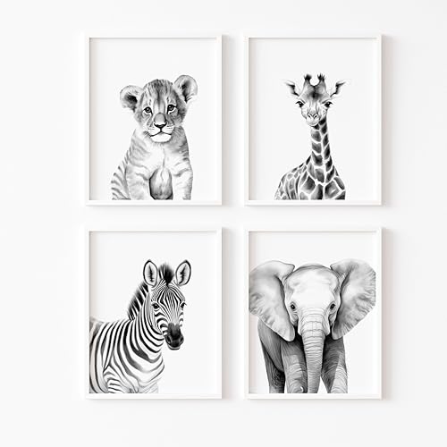 ayurvana Kinderposter Safari, schwarz und weiß, ohne Rahmen, Set mit 4 dekorativen Tieren, für Kinderzimmer, Jungen oder Mädchen, moderne und neutrale Dekoration, A4 ayurvana Kinderposter Safari, schwarz und weiß, ohne Rahmen, Set mit 4 dekorativen Tieren, für Kinderzimmer, Jungen oder Mädchen, moderne und neutrale Dekoration, A4 von ayurvana