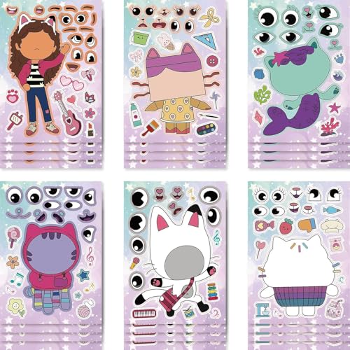 24 Stück Gabys Dollhouse Sticker, ideal als Mitgebsel, Deko & Bastelspaß für Gaby Dollhouse Geburtstag, Gabys Puppenhaus Party oder Tonie Gabys Dollhouse Tier Aufkleber Make-a-face Aufkleberbögen von azttior