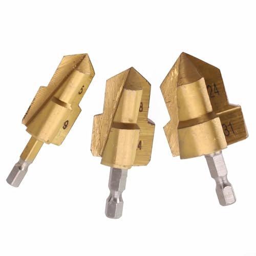babominimer Bohrer-Bit, professionelles Sanitär-Bohrer-Set, 6,35 mm, Sechskantschaft, Wasserrohr-Erweiterung, Stanzwerkzeug-Set, HSS, Gold, 3 Stück, für 1/2 1/4 Zoll Rohre (B) von babominimer