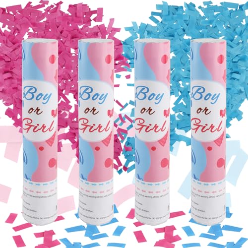 badaren Gender Reveal Konfetti Kanone Junge oder Mädchen, Gender Reveal Konfetti Kanone, Konfetti-Kanone für Jungen oder Mädchen, 2 Rosa und 2 Blau Konfettikanone für Gender Reveal Party-28cm von badaren