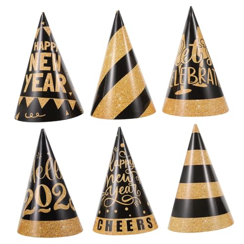 balacoo 6 Stück Partyhüte aus Papier Schwarz Gold Geburtstagshüte für Einfach Aufzubauende Neujahrs und Silvester Feier Kopfbedeckungen von balacoo