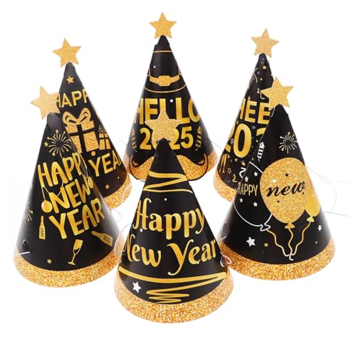 balacoo 6 Stück Teiliges Neujahrs Partyhüte aus Papier Goldglitzernde Kegelhüte mit Elastischem Band Einfache Montage Kinderfreundlich und Vielseitig für Silvester Geburtstage Karneval von balacoo