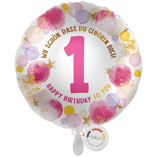 balloa Folienballon 1 Happy Birthday, runder Helium Ballon zum 1. Geburtstag für Mädchen, Geburtstagsdeko in Rosa und Gold mit Zahl 1, befüllbar mit Luft oder Helium, Party Ballon, 33cm balloa Folienballon 1 Happy Birthday, runder Helium Ballon zum 1. Geburtstag für Mädchen, Geburtstagsdeko in Rosa und Gold mit Zahl 1, befüllbar mit Luft oder Helium, Party Ballon, 33cm von balloa