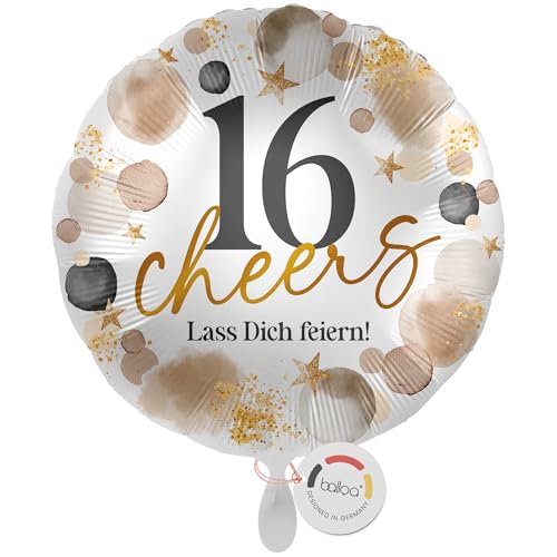 balloa Folienballon 16 cheers Lass dich feiern, Helium Ballon rund, Luftballon Geburtstag Mädchen Junge Teenager Geschenk Deko Ballon 16 Jahre Party Feier Ballondeko, 33cm von balloa