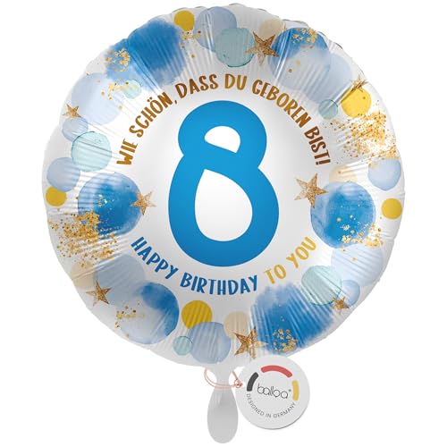 balloa Folienballon 8. Geburtstag Junge, Helium Ballon mit Zahl 8 und Spruch Wie schön, dass du geboren bist, Kindergeburtstag Ballon als Geschenk oder Dekoration für Jungenparty, 33cm balloa Folienballon 8. Geburtstag Junge, Helium Ballon mit Zahl 8 und Spruch Wie schön, dass du geboren bist, Kindergeburtstag Ballon als Geschenk oder Dekoration für Jungenparty, 33cm von balloa