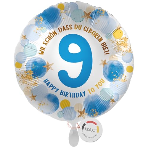 balloa Folienballon 9. Geburtstag Junge, Helium Ballon mit Zahl 9 und Spruch Wie schön, dass du geboren bist, Kindergeburtstag Ballon als Geschenk oder Dekoration für Jungenparty, 33cm balloa Folienballon 9. Geburtstag Junge, Helium Ballon mit Zahl 9 und Spruch Wie schön, dass du geboren bist, Kindergeburtstag Ballon als Geschenk oder Dekoration für Jungenparty, 33cm von balloa