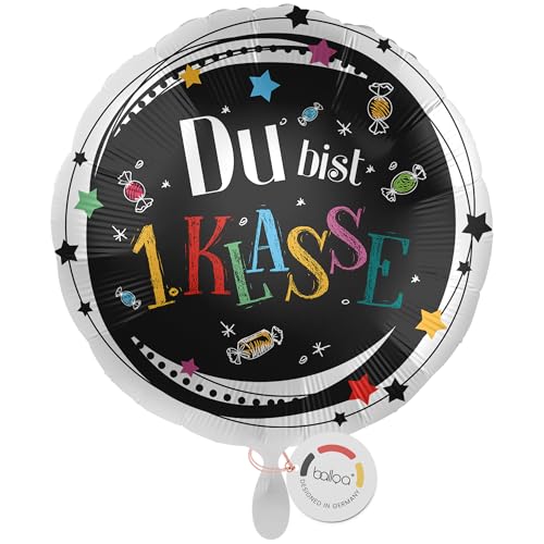 balloa Folienballon Du bist 1. Klasse, runder Helium Ballon zur Einschulung mit bunter Schrift, Geschenkidee für Jungen oder Mädchen, Einschulungsdeko, befüllbar mit Luft oder Helium, 33cm von balloa