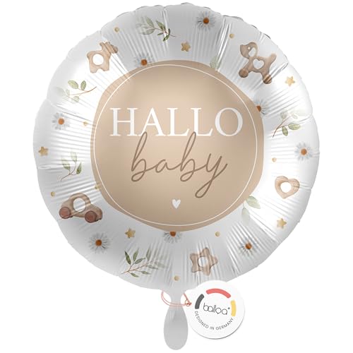 balloa Folienballon Hallo Baby, Helium Ballon zur Geburt, Geschenk zur Geburt und Babyparty, neutrale Babyshower Dekoration für Jungen und Mädchen, Luftballon rund 33cm von balloa