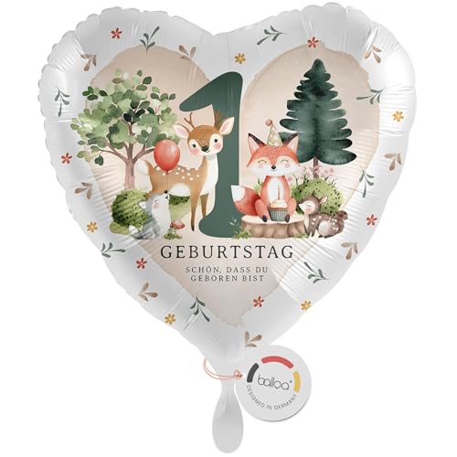 balloa Folienballon Herz Waldtiere, Geschenk zum 1. Geburtstag für Jungen oder Mädchen, Helium Ballon rund um Kindergeburtstag, Deko mit Fuchs Reh Igel Motiv, Geburtstagsdekoration, 33cm balloa Folienballon Herz Waldtiere, Geschenk zum 1. Geburtstag für Jungen oder Mädchen, Helium Ballon rund um Kindergeburtstag, Deko mit Fuchs Reh Igel Motiv, Geburtstagsdekoration, 33cm von balloa