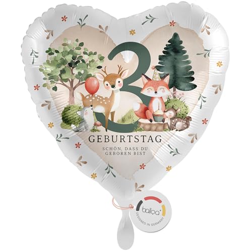 balloa Folienballon Herz Waldtiere Motiv Reh Fuchs Igel mit Zahl 3, Geschenk zum 3. Geburtstag für Kinder, Helium geeignet Luftballon, Deko Idee für Mädchen Jungen, Geburtstagsdekoration, 33cm balloa Folienballon Herz Waldtiere Motiv Reh Fuchs Igel mit Zahl 3, Geschenk zum 3. Geburtstag für Kinder, Helium geeignet Luftballon, Deko Idee für Mädchen Jungen, Geburtstagsdekoration, 33cm von balloa