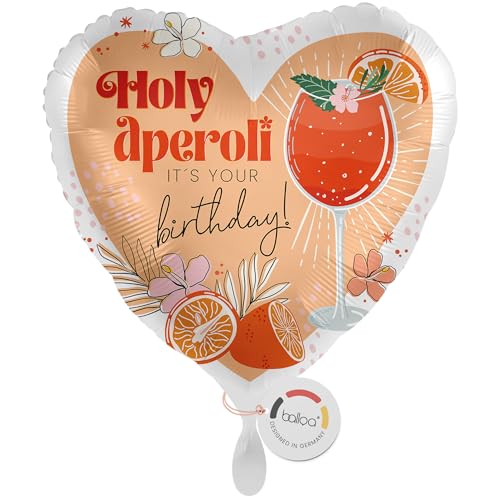 balloa Folienballon Holy Aperoli, Herzballon zum Geburtstag, Heliumballon mit Cocktail Motiv, Geschenk Luftballon Deko Frauen Party Geburtstag orange Design italienisch 33cm von balloa