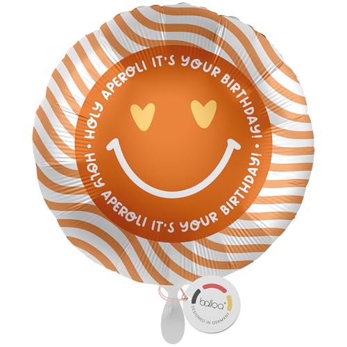 balloa Folienballon Holy Aperoli Smiley, runder Luftballon zum Geburtstag, Heliumballon mit orangeweißem Design, Geschenk Deko Partyballon Frauen Männer Sommer Spritz Motiv 33cm von balloa