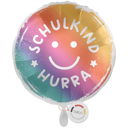 balloa Folienballon Hurra Schulkind, runder Helium Ballon zur Einschulung mit Farbverlauf und Smiley, Geschenk zum Schulanfang für Mädchen oder Jungen, befüllbar mit Luft oder Helium, Deko, 33cm balloa Folienballon Hurra Schulkind, runder Helium Ballon zur Einschulung mit Farbverlauf und Smiley, Geschenk zum Schulanfang für Mädchen oder Jungen, befüllbar mit Luft oder Helium, Deko, 33cm von balloa