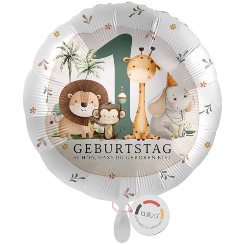 balloa Folienballon Safari Tiere, Geschenk zum 1. Geburtstag für Jungen oder Mädchen, Helium geeignet Rund mit Motiv Löwe Affe Giraffe Elefant, Kindergeburtstag Deko, Geburtstagsdekoration, 33cm balloa Folienballon Safari Tiere, Geschenk zum 1. Geburtstag für Jungen oder Mädchen, Helium geeignet Rund mit Motiv Löwe Affe Giraffe Elefant, Kindergeburtstag Deko, Geburtstagsdekoration, 33cm von balloa
