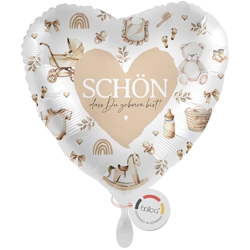 balloa Folienballon Schön dass du geboren bist, Helium Ballon zur Geburt, Geschenk zur Babyparty, neutrale Babyshower Dekoration für Jungen und Mädchen, Ballon Herzform 33cm von balloa