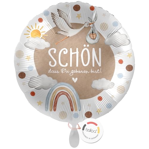 balloa Folienballon Schön dass du geboren bist, Helium Ballon zur Geburt, Geschenk zur Geburt und Babyparty, neutrale Babyshower Deko mit Storch und Regenbogen, rund 33cm balloa Folienballon Schön dass du geboren bist, Helium Ballon zur Geburt, Geschenk zur Geburt und Babyparty, neutrale Babyshower Deko mit Storch und Regenbogen, rund 33cm von balloa