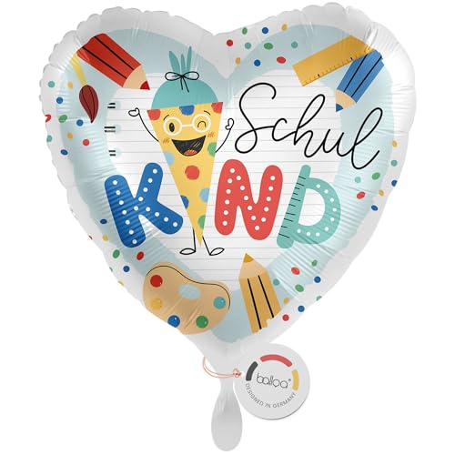 balloa Folienballon Schulkind, herzförmiger Helium Ballon zur Einschulung mit bunter Schultüte, Geschenk für Mädchen oder Jungen, befüllbar mit Luft oder Helium, Einschulungsdeko Schulanfang, 33cm von balloa