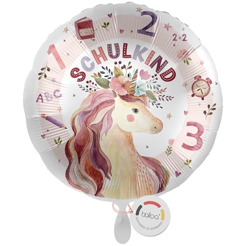 balloa Folienballon Schulkind, runder Helium Ballon zur Einschulung mit Boho Einhorn und Blumen, Geschenk für Mädchen, Einschulungsdeko zum Schulanfang, befüllbar mit Luft oder Helium, 33cm von balloa