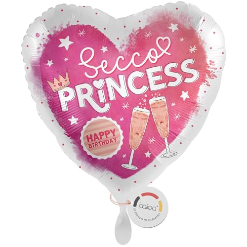 balloa Folienballon Secco Princess, Herzballon zum Geburtstag, Heliumballon mit Krone und Gläser Motiv, Geschenk Deko Party Luftballon Frauen Mädchen Geburtstagsdeko pink 33cm von balloa