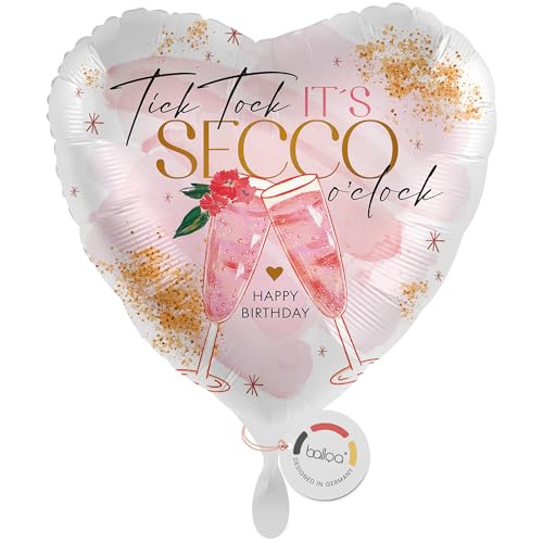 balloa Folienballon Secco oclock Herzballon, Heliumballon Geschenk zum Geburtstag, Happy Birthday Deko, Gläser pink gold Glitzer, Cheers Prosecco Feier Anlass, Luftballon Geburtstagsdeko, 33cm von balloa
