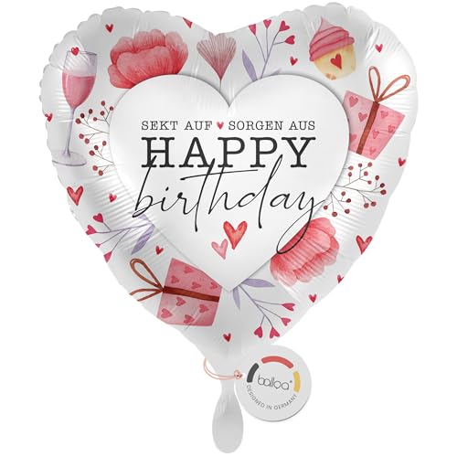 balloa Folienballon Sekt auf Sorgen aus, Herzballon Geburtstag, Heliumballon mit Happy Birthday Motiv, Geschenk Luftballon Deko Party Frauen Mädchen rosa Design Sektglas 33cm von balloa