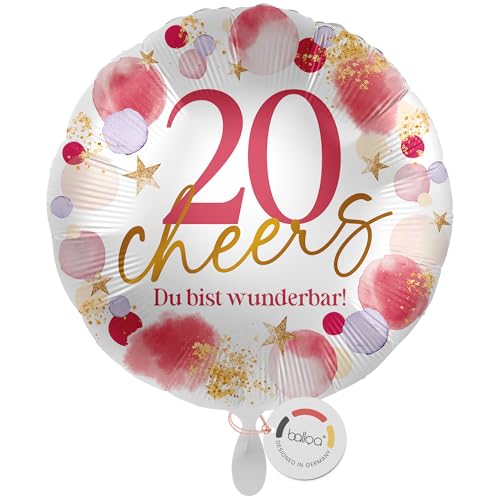 balloa Folienballon XXL 20 Cheers Du bist wunderbar, großer runder Helium Ballon für Frauen oder Mädchen zum 20 Geburtstag, Zahl 20 als Geschenk oder Deko, Geburtstagsgeschenk, 53cm von balloa