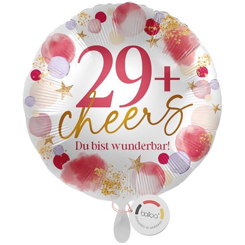 balloa Folienballon XXL 29+ Cheers Du bist wunderbar, großer runder Heliumballon zum Geburtstag für Frauen mit Zahl 29plus, witzige Deko oder Geschenkidee, befüllbar mit Helium oder Luft, 53cm von balloa